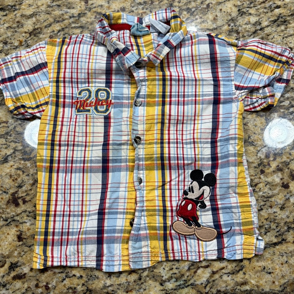 Vintage Disney Mickey Mouse Plaid Button Up Kids 3T Short‎ Sleeve Multi Color